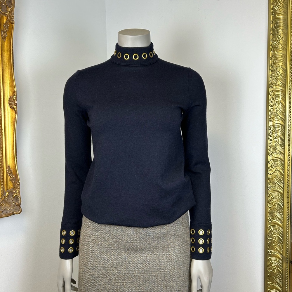 Tory Burch Navy Blue Merino Wool Grommet Sweater
